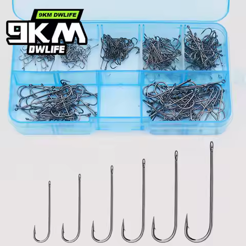 9KM Long Shank Fishing Hooks Kit Aberdeen Hooks Light Wire Hook 150-350pcs Fly Tying Jig Hooks for S