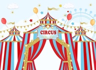 7X5ft Wheel Circus Carnival Theme Photography Backdrop Kids Boys or Girl Birthday Party Photo Blue Sky Red White Striped Tent Background Fabric Baby Shower Decor Banner 210X150cm