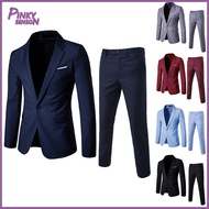 2Pcs/Set Men Business Blazer Suit Pants Set Lapel Long Sleeve Single Button Pockets Suit Coat Slim F