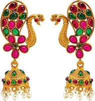 Traditional Indian Handcrafted Multicolor Stone Design Antique Gold Plated Kundan Polki Temple Jewellery Jhumka Earring For Women (SJ_1940), Brass, Cubic Zirconia