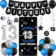 Vlipoeasn Happy 13th Birthday Decoration for Boys Girls, Black Blue Official Teenager Backdrop Banne