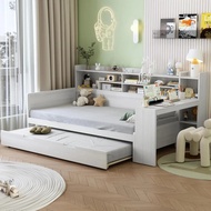 Twin Size Daybed With Trundle And Bookcase, Solid Wood Daybed With Desk And Storage Headboard, Twin 