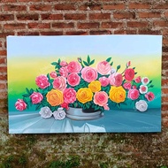 Lukisan bunga rose di pot besar + frame siap pajang