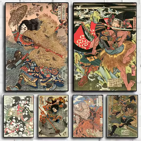 Antique Japanese Utagawa Kuniyoshi Ukiyo-e Heroes of The Water Margin Samurai Canvas Poster Wall Art