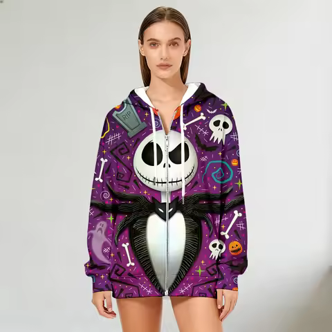 Women's Nightmare Before Christmas Jack Skellington Print Zip Up Hoodie Autumn Winter Fashion Street