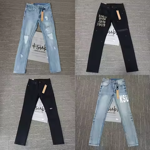 Top Quality Men Women KSUBI Jeans Retro Cross Trend Light Blue Paint Trend Low Rise Stretch Skinny R