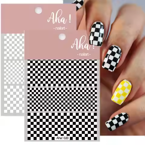 1/5pcs 3D Black White Checkerboard Grid Nail Art Stickers #Aha Adhesive Houndstooth Nail Sliders 8*1