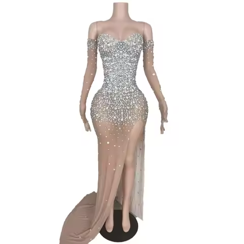 Fashion Strapless Evening Gown Gloves Silver Rhinestone Lightweight Mesh Transparent Banquet Celebri