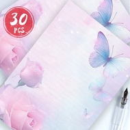 30 sheets, B5 watercolor rose & butterfly themed writing paper, lined, glue-free, ideal for notebook