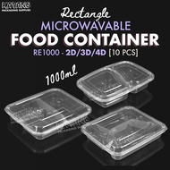 [10pcs] Lunch Box with Lids | RE1000ml | 2-Division, 3-Division, 4-Division | Microwavable Bento Box