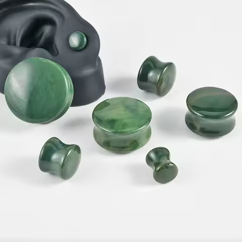 Pair Indian Snow Jade Stone Plugs - Double Flare Body Jewelry for Stretched Ears - Natural Organic S