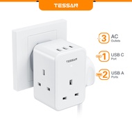 TEESAN 3 Way Plug Adapter UK Multi Plug Adaptor with USB-C Slot Plug Adapter Plug Extension with 3 U
