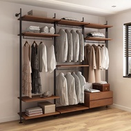 QM🌹Open Wardrobe Iron Hanger Solid Wood Metal Cloakroom Clothesline Pole Floor Clothes Storage Rack Wall Hanging QNHT