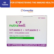 Nutrawell Vitamin C + Vitamin E + Zinc + Hyaluronic Acid 500mg- Pack of 60 FC Tablets