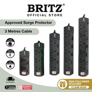 BRITZ 3 Meters Black Extension Socket Cord Plug Bar , Surge Protector LED ,  2 / 3 / 4 / 5 / 6 Way