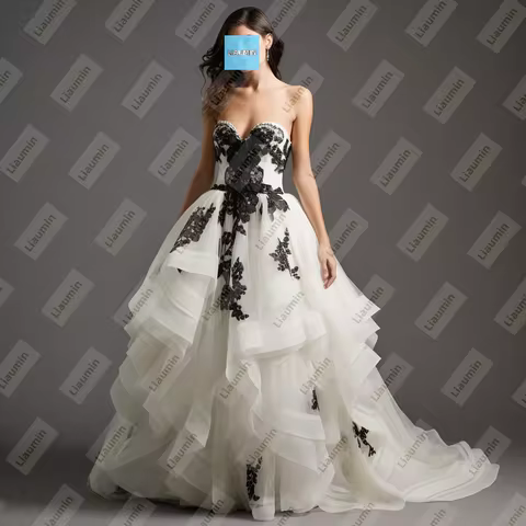 Classic A Line Ivory Tulle Black Lace Applique Strapless Prom Formal Wedding Dresses Evening Lace-Up