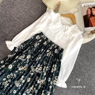 One Set Korean Style Gabriel - Setelan Rok Plisket Floral Kemeja Ruffle Lengan Panjang Outfit Kuliah