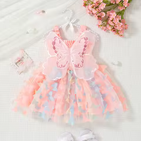Summer New Butterfly Wing Baby Girl Dress, Princess Style Birthday Party Children'S Clothing (9 Mont