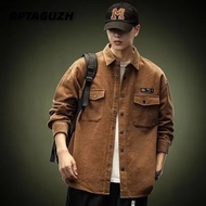M-4XL Corduroy Shirt Men's Autumn Loose Slimmer Look Plus Size Casual Cargo Jacket Long Sleeve Top M