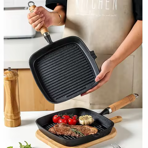 22cm 24cm Thickened Cast Iron Steak Frying Pan Non-coated Non-stick Household Stripes Frying Steak S