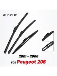 Peugeot 206掀背車2001 - 2006用前後雨刷片套件,風擋玻璃窗口26"+16"+14",適配：peugeot 206掀背車2001-2006 材質：高級天然橡膠確保最大效能,品質檢查百分之百全新未使用,2入前雨刷片+1入後雨刷片,特性：定制貼合,直接換新,100萬次擦拭,耐溫：+158f至-40f（+70c至-40c）,張力記憶沿著整個刀片長度均衡施力,特殊混合橡膠提供終極的平滑,乾淨,無噪音擦拭,空氣動力學設計大大降低阻力,噪音和風力提升,防止冰雪積聚獨特的金屬和塑膠部件的曝露,注意：此項目不帶手動安裝說明