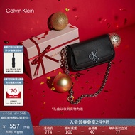 Calvin Klein女包时尚优雅简约ck字母旋扣翻盖链条单肩斜挎马鞍包礼物DH3240 001-太空黑 OS