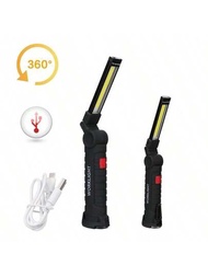 1入組可攜式COB LED手電筒USB可充電工作燈磁性燈籠掛燈內置電池露營手電筒