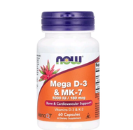 NOW Foods Mega D-3 MK-7 D3 K2 Now Foods 180 mcg (5000 IU) 60 Veg Capsules 120 Veg Capsules EXP:2027