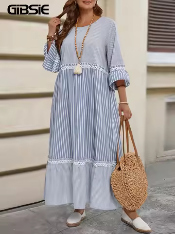 GIBSIE Plus Size Striped O-Neck 3/4 Sleeve Loose Dress Women 2025 Summer Casual Style Vacation Ladie