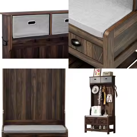 3-in-1 Brown Hall Tree with Storage, Shoe Bench, 6 Hooks, and Hinged Lid