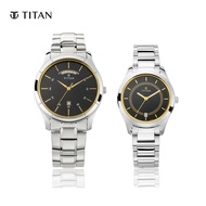 Titan Black Dial Formal Couple Watch Set Stainless Steel Bracelet with Day &amp; Date 17672596SM01