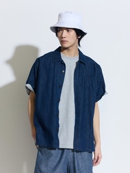 男裝|Logo亞麻翻領短袖襯衫-深藍色