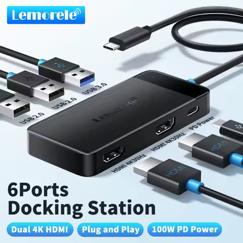 Lemorele TC122 6-in-1 USB C Hub 4K Docking Station Dual HDMI&DP 4K for MacBook Dell HP 100W PD USB 3