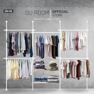 OUROOM  ราวแขวนเสื้อ ราวแขวนผ้า ราวแขวนไม่ต้องเจาะ 4 เสา 5 ราวแขวน 2 ชั้นวางไม้ (OU-32) ใช้แทนตู้เสื