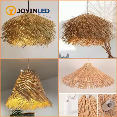 JOYINLED Handwoven Rattan Chandelier, 50cm E27 Retro Farmhouse Pendant Light for Restaurant Bar Bedr