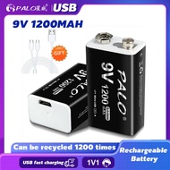 PALO 1200mAh Rechargeable 9V Battery Li-ion Crown Micro USB 6F22 9v Battery