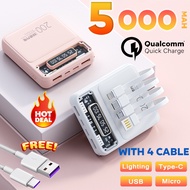Mini Powerbank 5000mAh Fast Charging Powerbank With 4 Cables Cute With Lanyard Portable Power LED