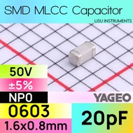 20pF 0603 50V NP0 ±5% SMD MLCC Ceramic Capacitor Yageo CC0603JRNPO9BN200