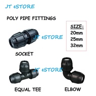[JT eSTORE] HDPE PN16 Poly Pipe Fittings - Socket,  Bend Elbow, Equal Tee / Paip Hitam Fitting - 20m