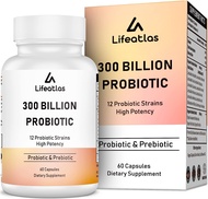 Lifeatlas 300 Billion CFU Probiotics - Probiotics for Women and Men, 12 Probiotic Strains Plus Prebiotic, for Immune &amp; Digestive, Gut Health, Gas Bloating, Shelf Stable - 60 Capsules 60 Count (Pack of 1)