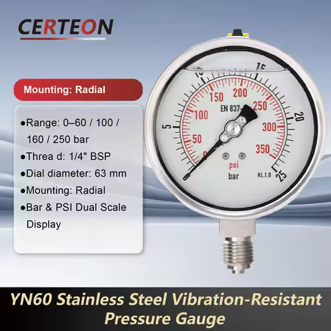 YN60 Stainless Steel Pressure Gauge Shockproof Liquid Filled 0‑250 Bar Dual Scale PSI BAR 1/4"BSP Hy