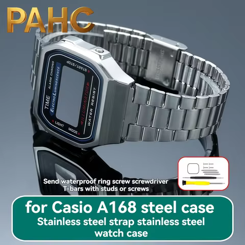 A168 Metal Case Mod Kit for Casio 3298 Watch - Stainless Steel Bezel & Strap Replacement, Glass Lens