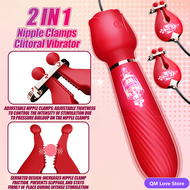 2 in 1 Adjustable Nipple Clamps Clitoral Vibrators Dildo Toys for Girl 10 Vibration Modes Silicone A
