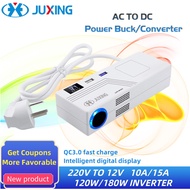 JUXING AC 220V to DC 12V Power Adapter 15A Car Home Power Converter Adapter with Dual USB 5VQC3.0 / 2.4A