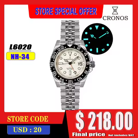 Cronos GMT Automatic Men Watches Bidirectional Bezel Sapphire 20 ATM NH34 Solid 5 links Printed Logo