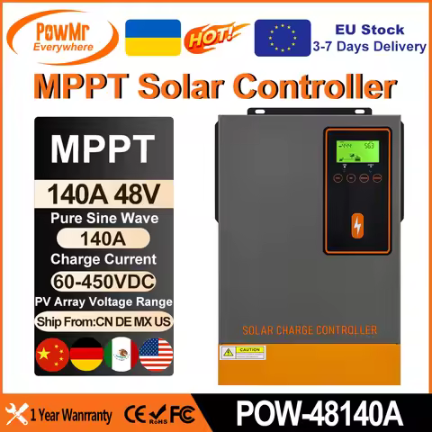 PowMr 140A MPPT Solar Charge Controller LCD Display Work for 24V 48V Lithium Lead Acid Battery With 