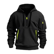 Men Hoodie Zipper And Strap Decor Drawstring Hooded Top Fall Spring Winter Patchwork Pullover Hoodie