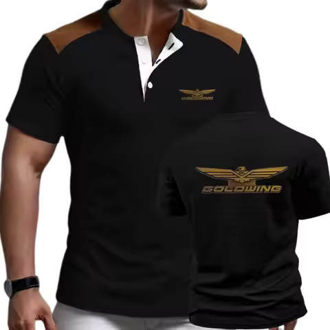Youth Trendy Goldwing GL1800 Motorcycle Tshirt Color Block Button Henley Shirts Tee Mens Short Sleev