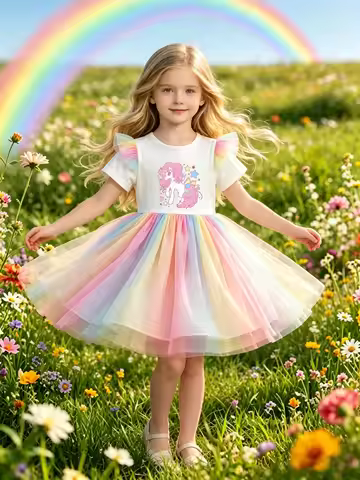 Kids Cartoon Pony Short-Sleeve Fairy Dress, Girls Gradient Color Multi-Layer Tulle Tutu Dress
