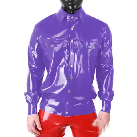 Mens Shirts Glossy PVC Leather Long Sleeve T Shirts Nightclub Costumes Fashion Pockets Button Up Shi